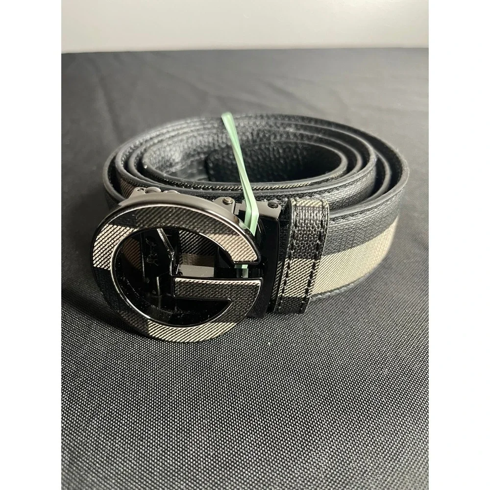 Mens Checkered Ratchet Belt Black Tan Plaid G Logo Automatic Buckle 48 Inch